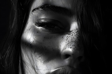 alluring female face, deep contemplation, monochromatic scale, artistic shadows, minimalist aesthetic, close-up