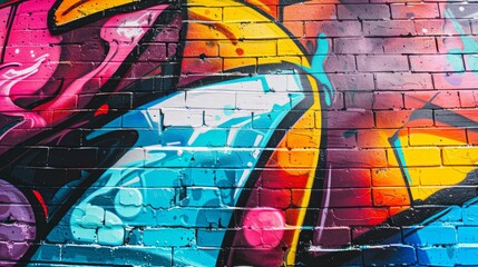 A dynamic street art graffiti wall, full of vibrant colors and bold designs, in a bustling urban environment.