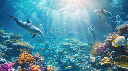 Fototapeta na wymiar Underwater wildlife panorama Coral reef with wild dolphins and fishes