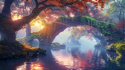 Fantasy landscape, beautiful abstract forest, with large arches of trees and stone and a river, old trees, colorful sunset, unreal world. 3D illustration image ai generated