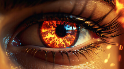 generated illustration of  beautiful person eye in flames , burning glowing fire in the eye iris. - obrazy, fototapety, plakaty