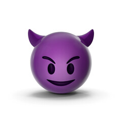 High quality emoticon smiling with horns, devil emoji isolated on white background. Purple face...