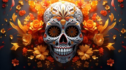 Mexican Day of the Dead El Dia de Muertos Skull with flowers and leaves Mexican autumn holiday Fiesta Mystic horror concept Generative AI
 - obrazy, fototapety, plakaty