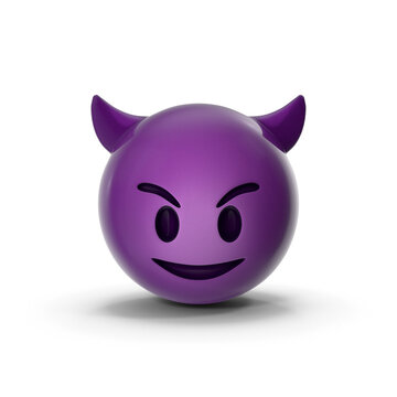 recommend clip art: High quality emoticon smiling with horns, devil emoji isolated on white background. Purple face devil emoji.