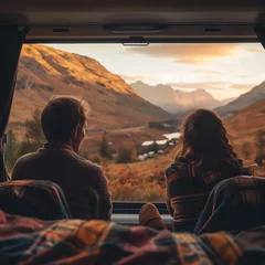 Zelfklevend Fotobehang couple dans un van avec un paysage de montagne © Magalice