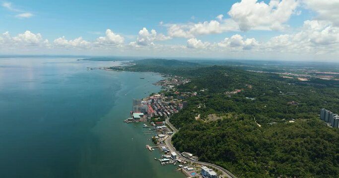 Aerial view of city of Sandakan on the seashore on the island of Borneo, Malaysia.