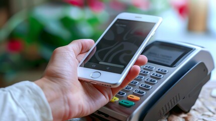 Hand holding smartphone for contactless payment at terminal, digital transaction concept
