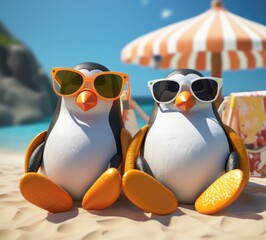 Chill Out: Penguins Relaxing Under a Beach Umbrella - Generative AI