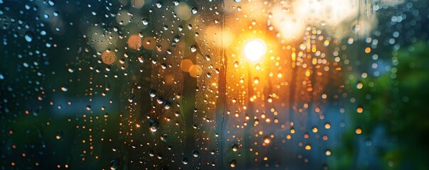 Dancing raindrops on a sunlit window illuminate the urban world outside. Concept Raindrops on window, Urban illumination, Dancing sunlit shadows, Nature's beauty, Cityscape reflections