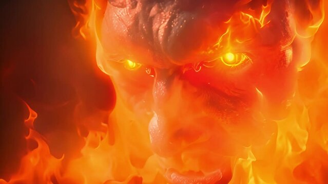 Devil or demon burning in fire. Animation of the appearance of a devil from the darkness or fire. Horror or religion scene. Burning in hell 4k video darkness