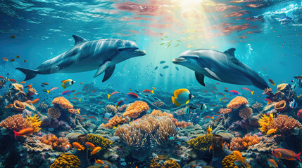 Underwater wildlife panorama Coral reef with wild dolphins and fishes