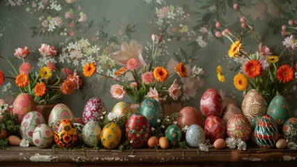 Poster Easter Eggs and Spring Flowers Display on Wooden Table © Thitiporn