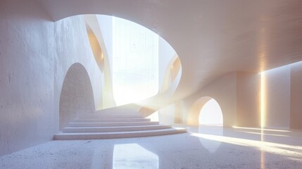 Abstract art gallery interior with dynamic shapes and soft lighting