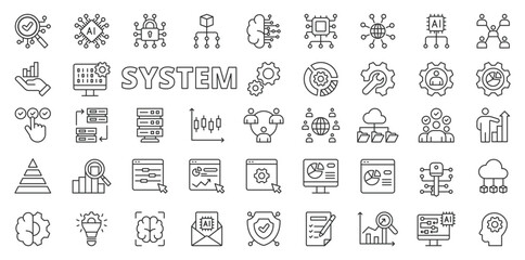 System business icons in line design. System, business, process, management, strategy, efficiency, technology isolated on white background vector. System business editable stroke icons.