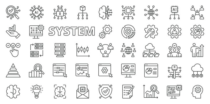 System business icons in line design. System, business, process, management, strategy, efficiency, technology isolated on white background vector. System business editable stroke icons.