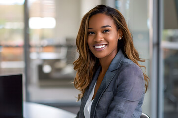 Fototapeta premium professional woman, business attire, modern office setting, confident smile, empowering presence, leader vibe