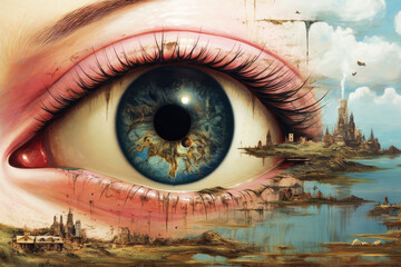 generated illustration of surreal vision eye and polluted factory