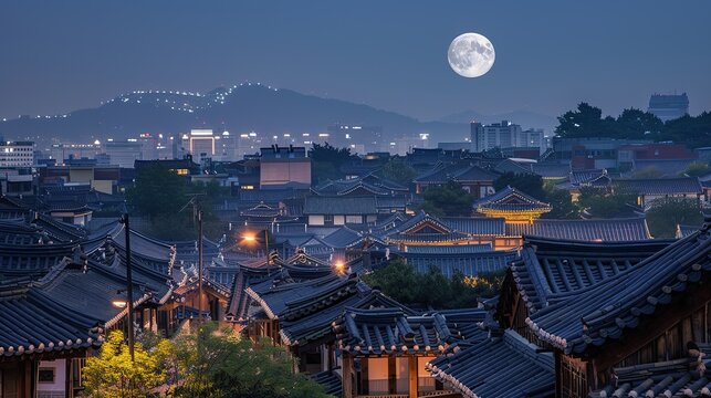 Spring time of changgyeonggung palace at night with full moon in seoul south korea