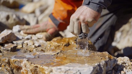 Close-up of a geologist using a high-pressure water jet to cut through rock samples, revealing fossilized structures