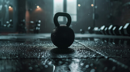 Kettlebells in a gym with water drops on the floor - obrazy, fototapety, plakaty