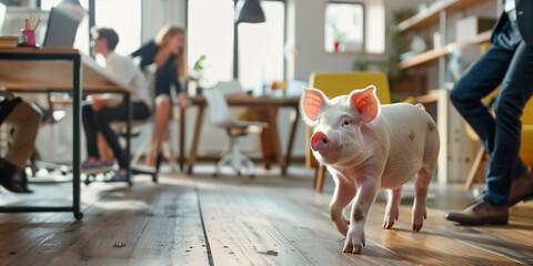 Schwein läuft durchs Büro und blickt in die Kamera - obrazy, fototapety, plakaty