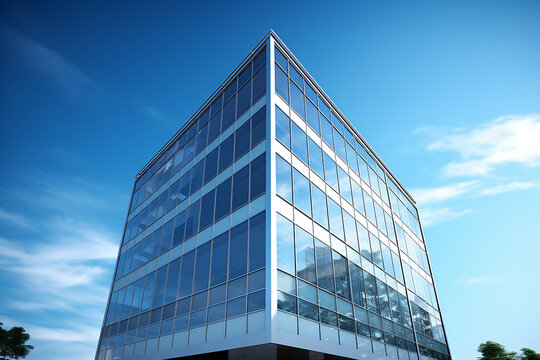 Office building with blue sky background, seen from below, 3d rendering