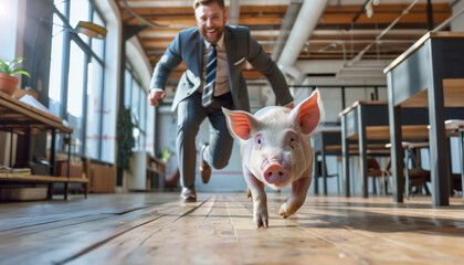 Schwein rennt durchs Büro Mitarbeiter versucht es zu fangen - obrazy, fototapety, plakaty