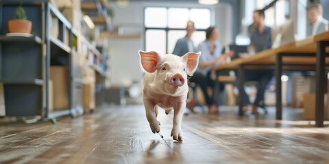 Schwein läuft durchs Büro und blickt in die Kamera - obrazy, fototapety, plakaty