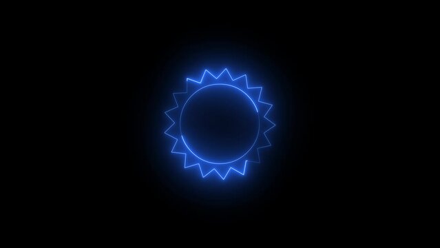 Neon glowing blue sun icon animation in black background