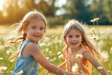 Fototapeta premium Two delighted girls engaging in the simple joy of picking wildflowers in a sunny meadow