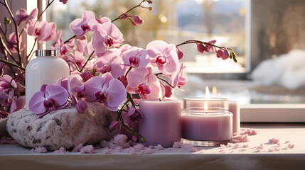 Beautiful spa photo with candles and orchids on wellness center interior background. Beauty spa...