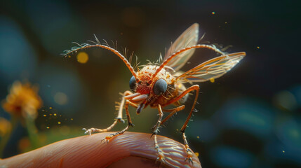 Close up of a fly perched on a persons finger. Suitable for nature, insects, entomology, and creepycrawly themed projects. - obrazy, fototapety, plakaty
