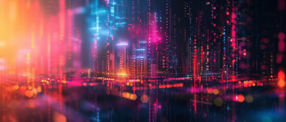 A vibrant abstract image depicting a cityscape with glowing neon lights and digital data streams, conveying a sense of futuristic urban technology.