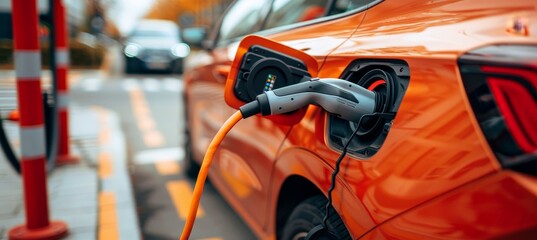 Electric vehicle charger plugged into car for recharging, modern design and clean energy concept.