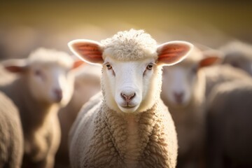 Fototapeta premium Serene Gaze of a Young Sheep in Golden Pastoral Light - Generative AI