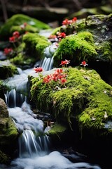 Serenity in Bloom: Verdant Moss and Flowers Generative AI
