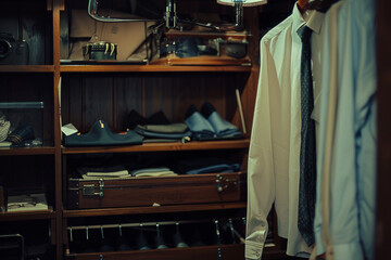 A dimly lit shelf displaying men's fashion items like shirts and shoes.