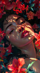  Striking digital art of a woman's face bathed in light with lush flowers around 