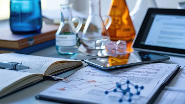 a researcher's desktop showing an open notebook, a tablet with 3D models and scientific journals