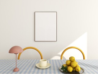 interior frame mockup on white wall in colorful and mediterranean dining room. empty poster mock up in danish home decor. 3D illustration
