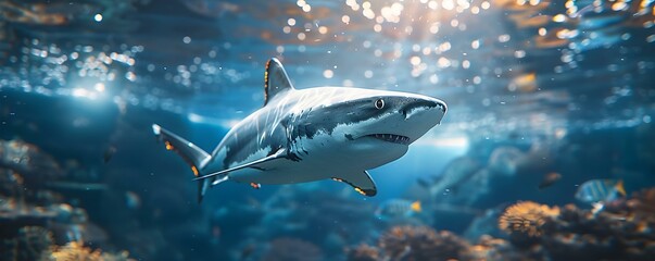 Graceful Urban Shark: Blending Aquatic and Modern Aesthetics in the Downtown Scene. Concept Urban Photography, Aquatic Theme, Modern Aesthetics, Downtown Scene, Graceful Shark