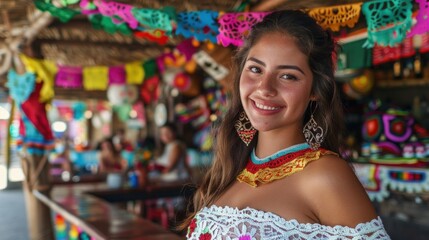 portrait of a beautiful mexican young woman celebrating cinco de mayo