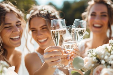 Bride and bridesmaids toast happily with champagne on wedding day