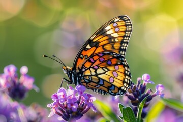 A stunning Monarch butterfly perched on lavender blooms with a beautiful bokeh effect