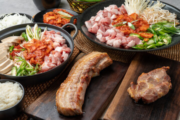 Korean food, pork belly, pork neck, oven, side dish, stew, kimchi, garlic, red pepper, green onion, mushroom, perilla leaf