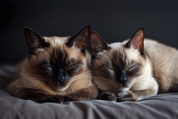 Two Siamese Cats Relaxing and Sleeping on a Bed
