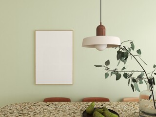 vertical wood frame mockup on green wall in vintage colorful interior. empty poster in trendy dining room. 3D illustration
