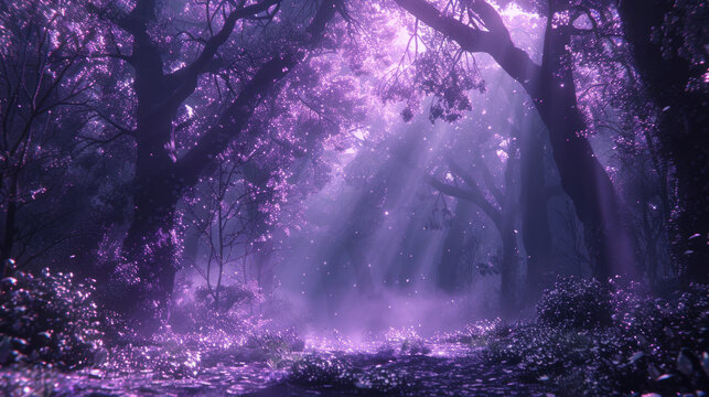 A mystical forest scene bathed in a soft purple hue with sun rays filtering through a canopy of trees