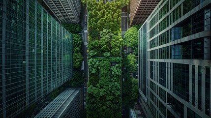 A towering building covered in a lush array of plants reaching towards the sky.