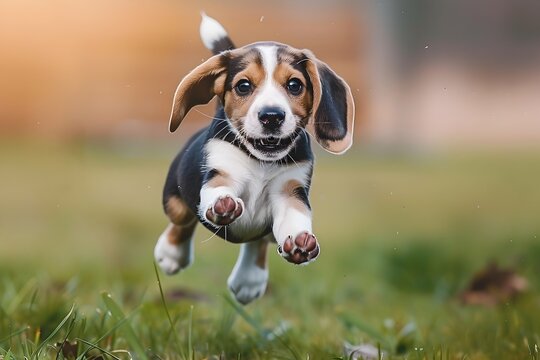 Energetic Beagle Puppy Running in the Grass